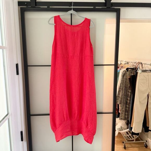 Rosemarie Sz L Linen Dress Coral Red Shift Sleeveless Lagenlook Boho Natural - Picture 2 of 16